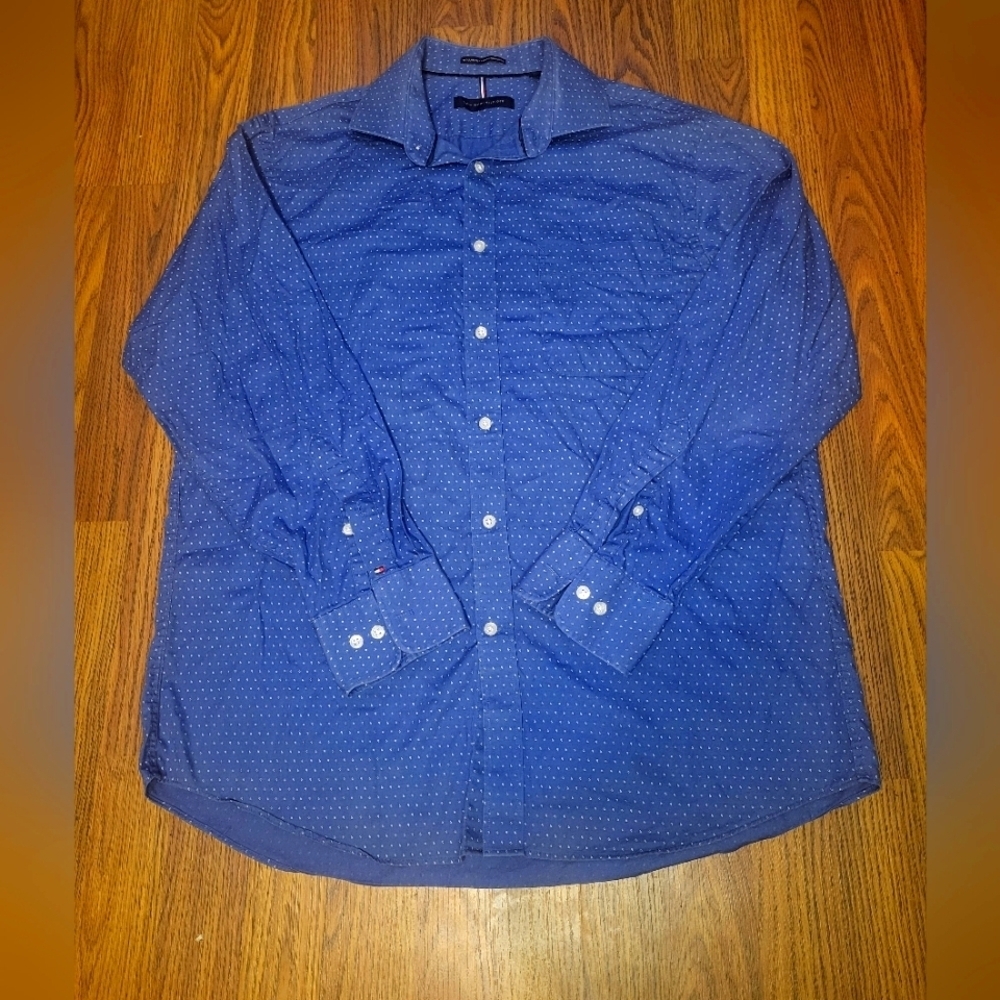 Tommy Hilfiger Men’s Blue White Dotted Button-Down Shirt Large 16 32/33 A87